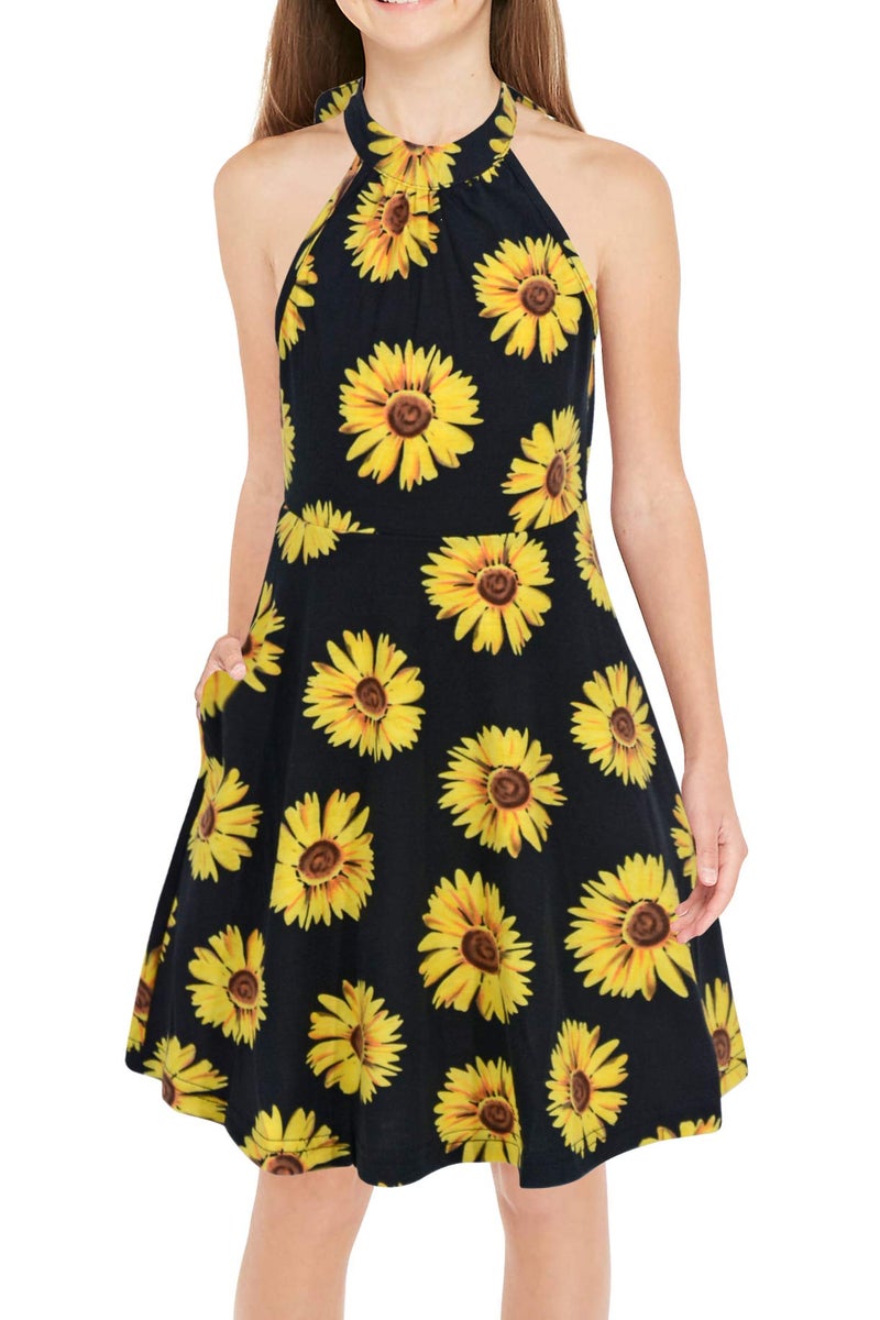 GORLYA Girl's Halter Neck Cold Shoulder Sleeveless Summer Casual Sundress A-line Dress with Pockets for 4-12 Years(GOR1013,10Y,YellowFlower) - Image 1